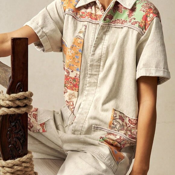 Khaki Casual Women's Boho Western Cowgirl Style Floral Patchwork Jumpsuit - Picture 5 of 7